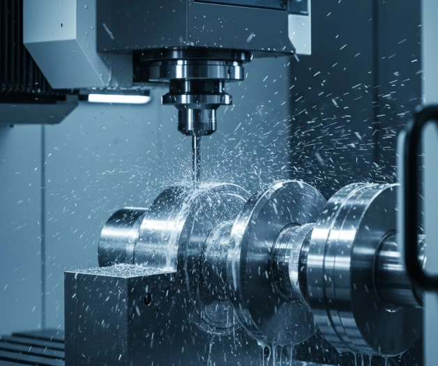 .Close-up of a 5-axis CNC machine precision-milling a custom steel crankshaft with liquid coolant spray.