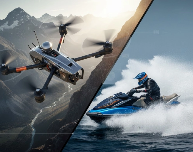 High-performance drone and racing watercraft representing the extreme environments for custom